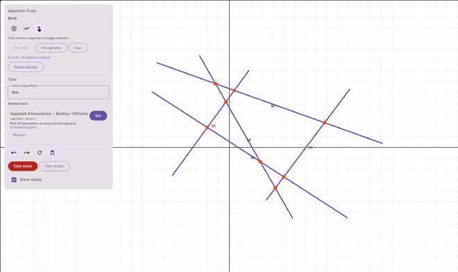 Five purple segments and their orange intersection points in the Komp-Geom Visualizer. The algorithm tools appear on the left.
